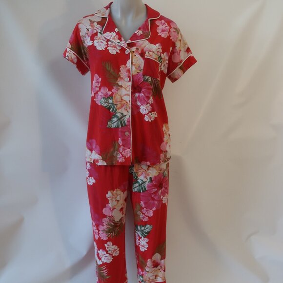 NWT Womens The Cat's Pajamas Red Pink Floral Capri 2 Pc PJ Set Top Bottom L - Picture 1 of 12